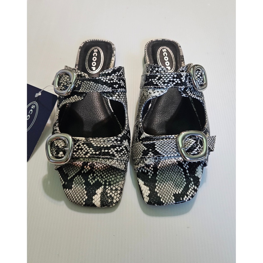 Scoop‎ Womens Snakeskin Print Buckle Slide On Flat Sandals Black White 7.5 NEW